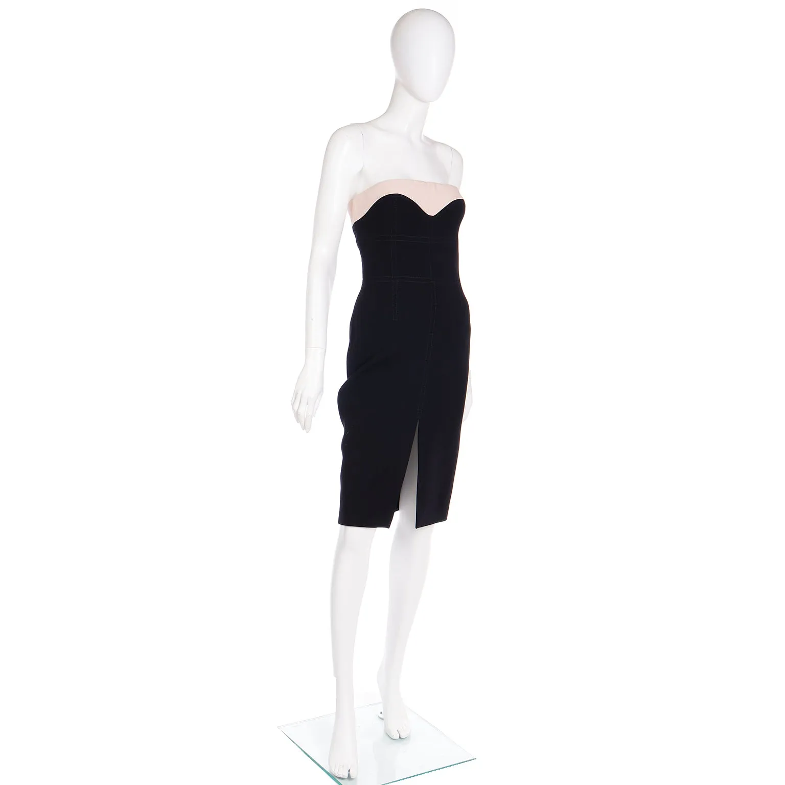 2000s Alexander Mcqueen Strapless Fitted Black Dress w Beige Trim