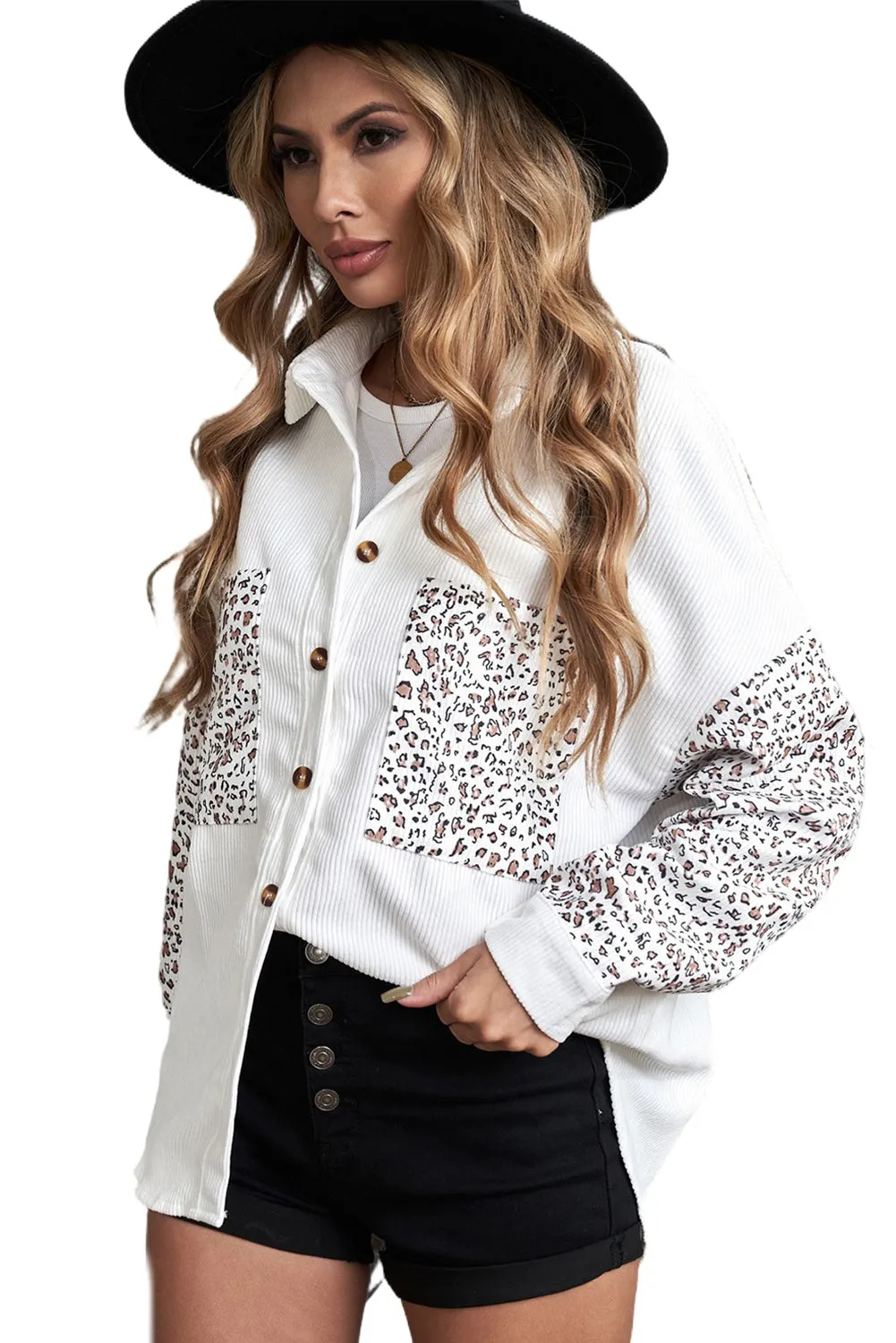 Apricot Leopard Patchwork Corduroy Buttoned Shirt Jacket