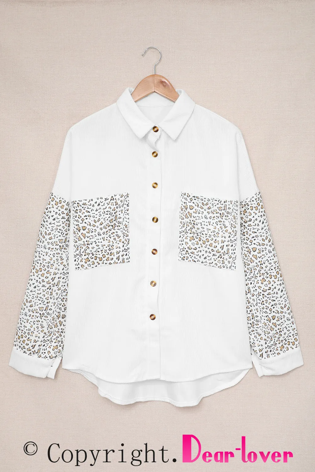 Apricot Leopard Patchwork Corduroy Buttoned Shirt Jacket