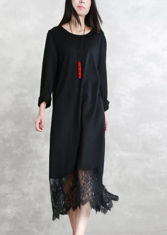 baggy black long wool blended dresses casual O neck patchwork traveling dress Elegant long sleeve lace autumn dress