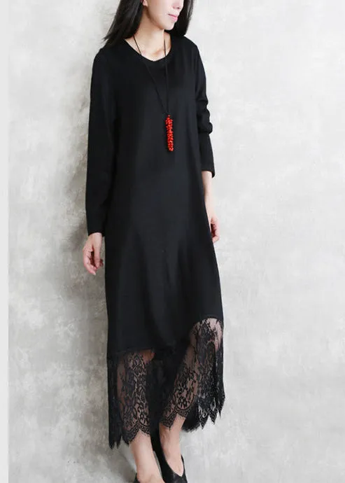 baggy black long wool blended dresses casual O neck patchwork traveling dress Elegant long sleeve lace autumn dress