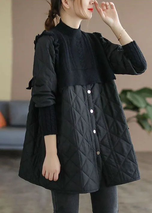 Beautiful Black Stand Collar Knit Patchwork Fine Cotton Filled Winter Coats