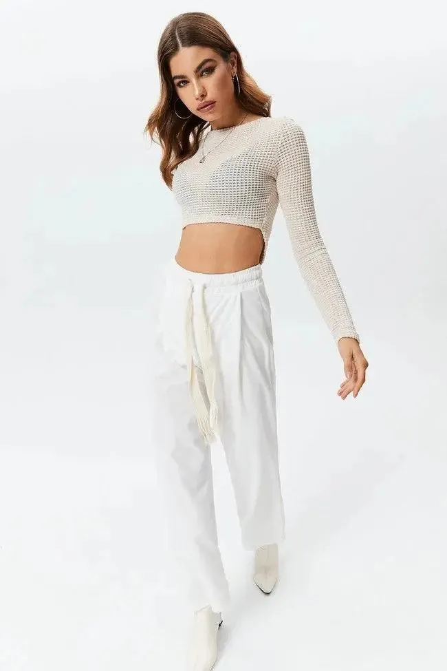 Beige Long Sleeve Waffle Knit Crop Top