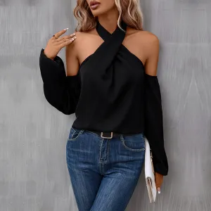 Black Solid Color Strapless Long Sleeve Shirt