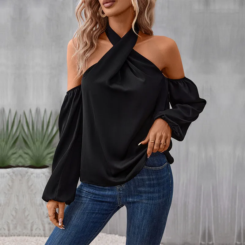 Black Solid Color Strapless Long Sleeve Shirt