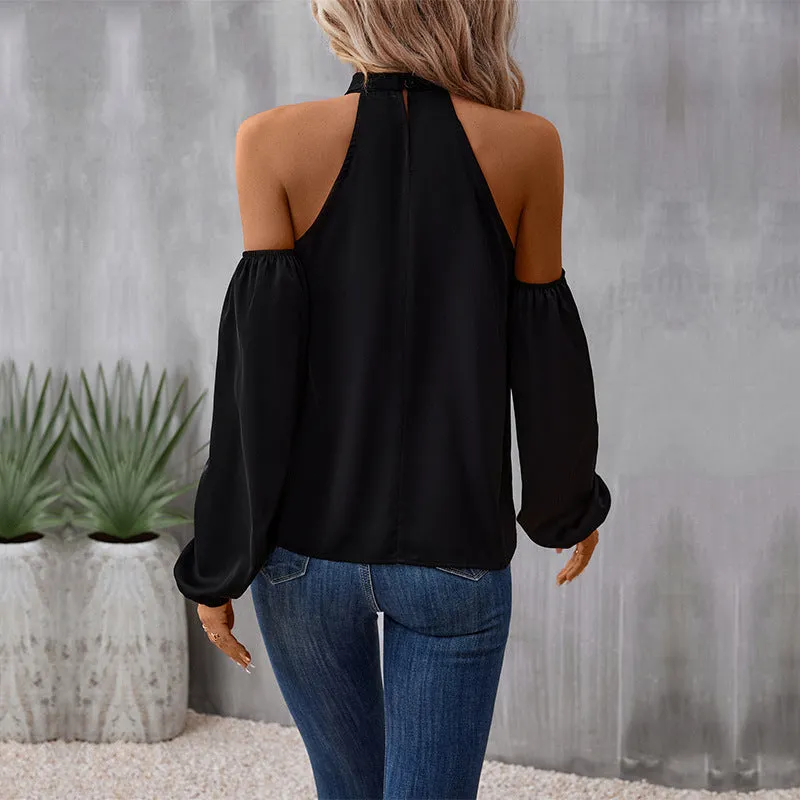 Black Solid Color Strapless Long Sleeve Shirt