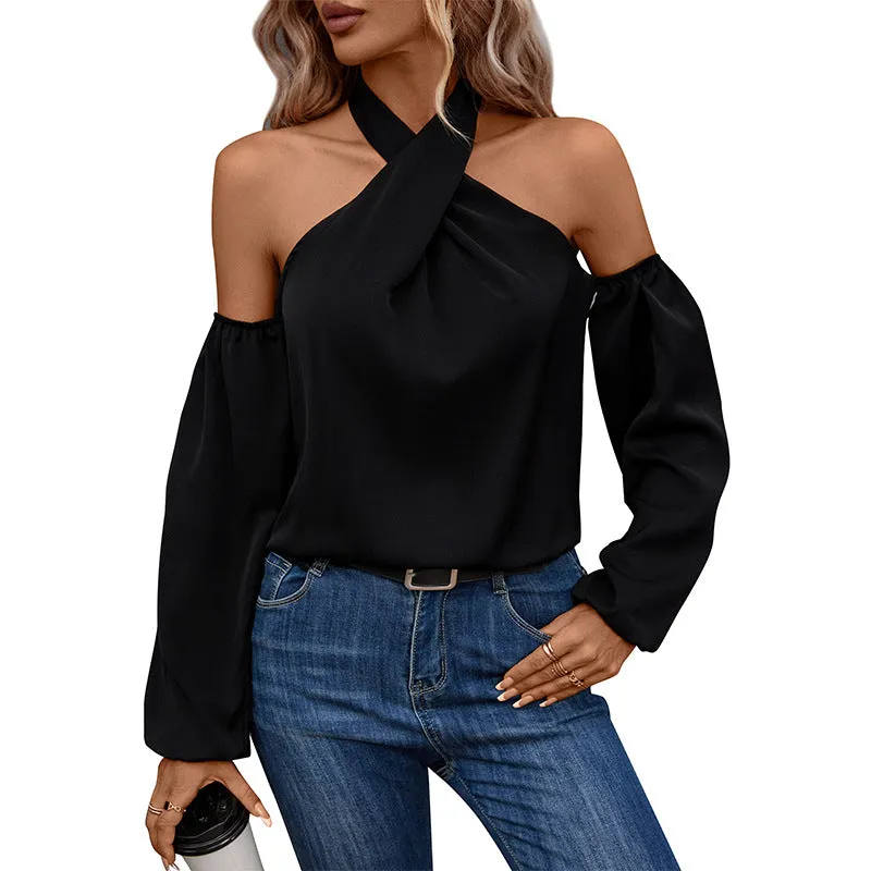 Black Solid Color Strapless Long Sleeve Shirt