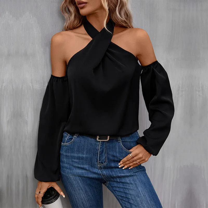 Black Solid Color Strapless Long Sleeve Shirt