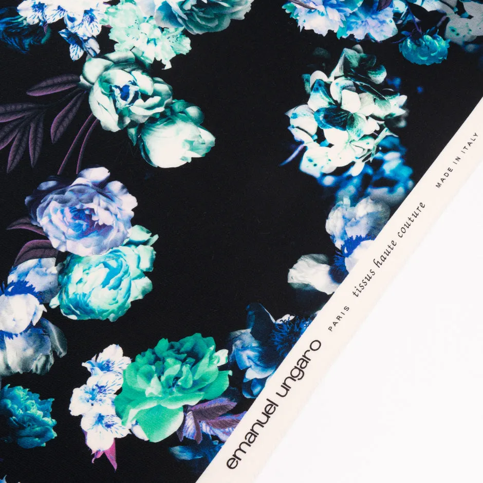 Blue, Purple & Mint Floral Printed Black Pure Wool