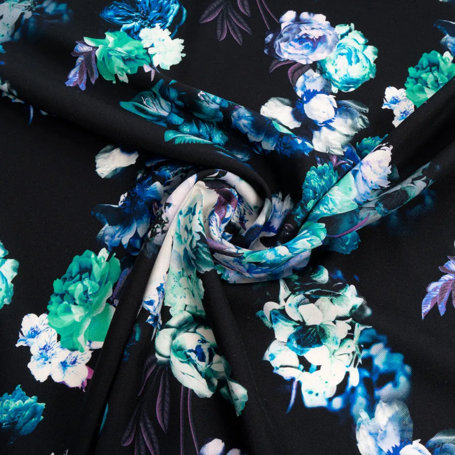 Blue, Purple & Mint Floral Printed Black Pure Wool