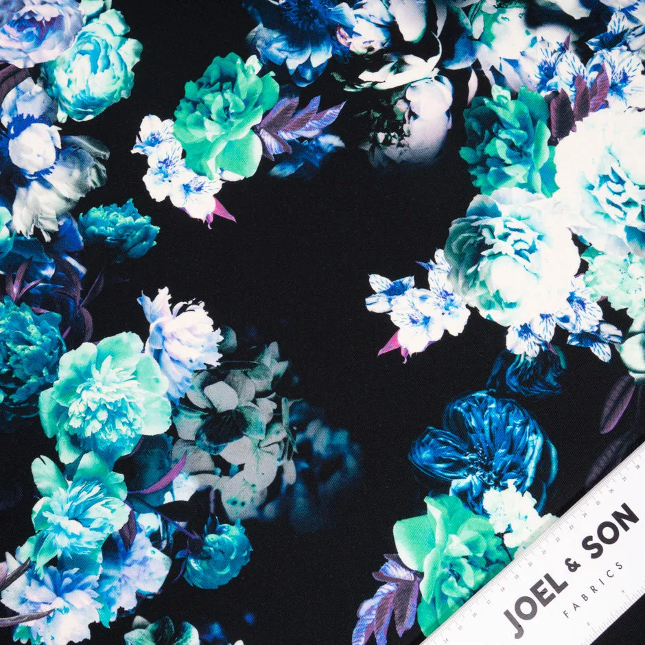 Blue, Purple & Mint Floral Printed Black Pure Wool