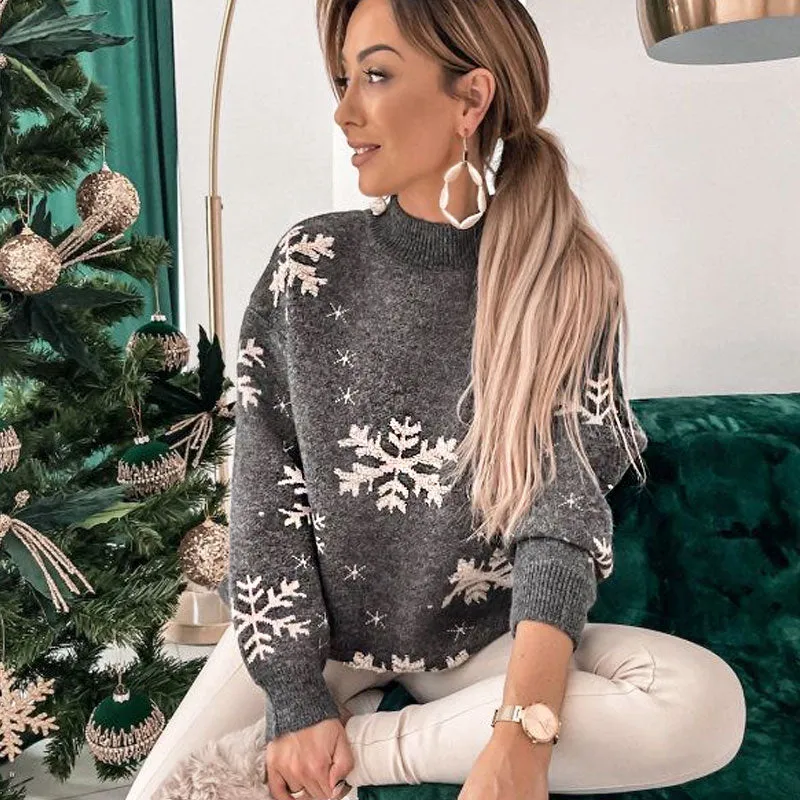 Christmas Fluffy Snowflake Print High Neck Pullover Sweater