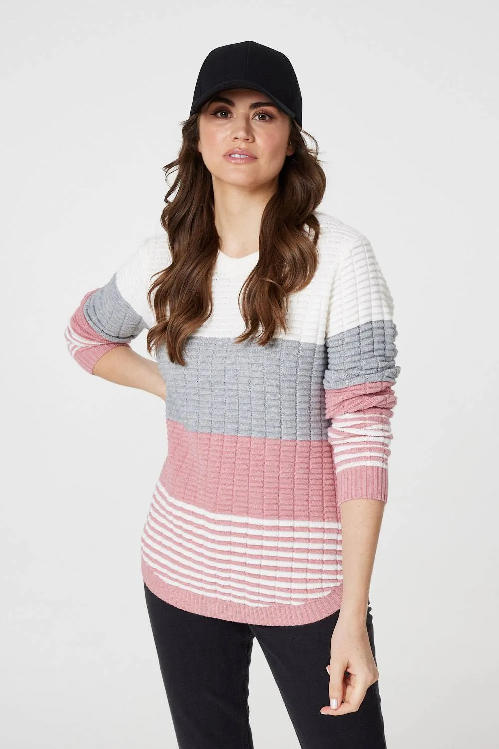 Colour Block Textured Curve Hem Jumper