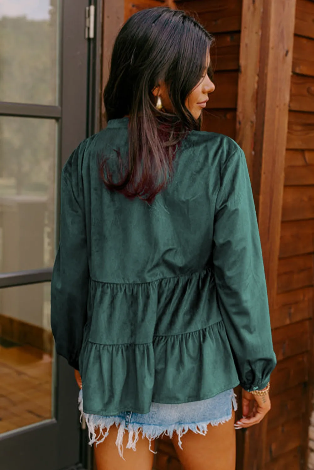 Corduroy Ruffle Tiered Buttoned O Neck Shirt