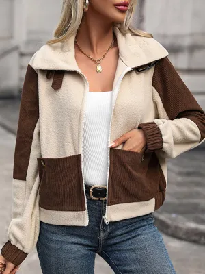 Cozy Teddy Bear Fur Patched Zip Jacket for Winter