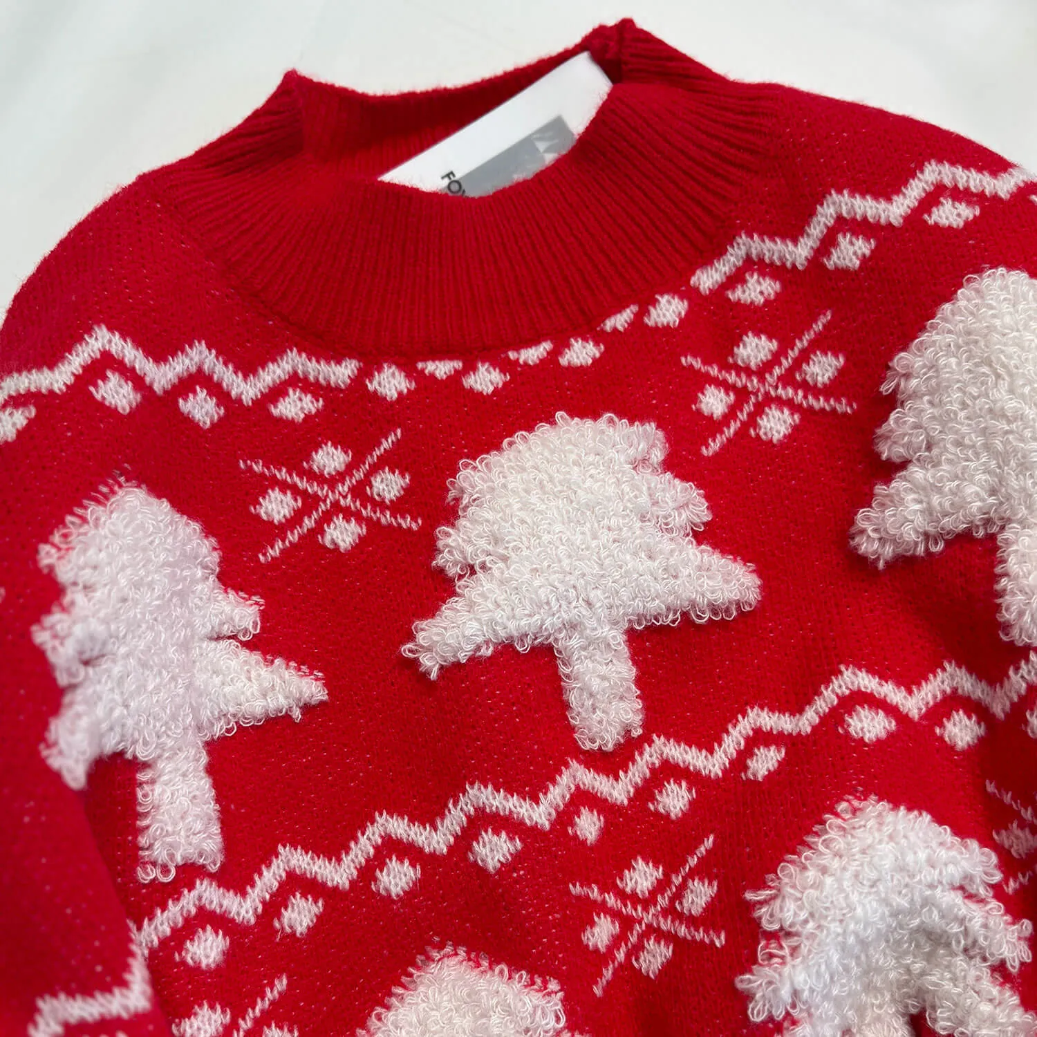 Cute Fluffy Christmas Tree Pattern High Neck Holiday Sweater