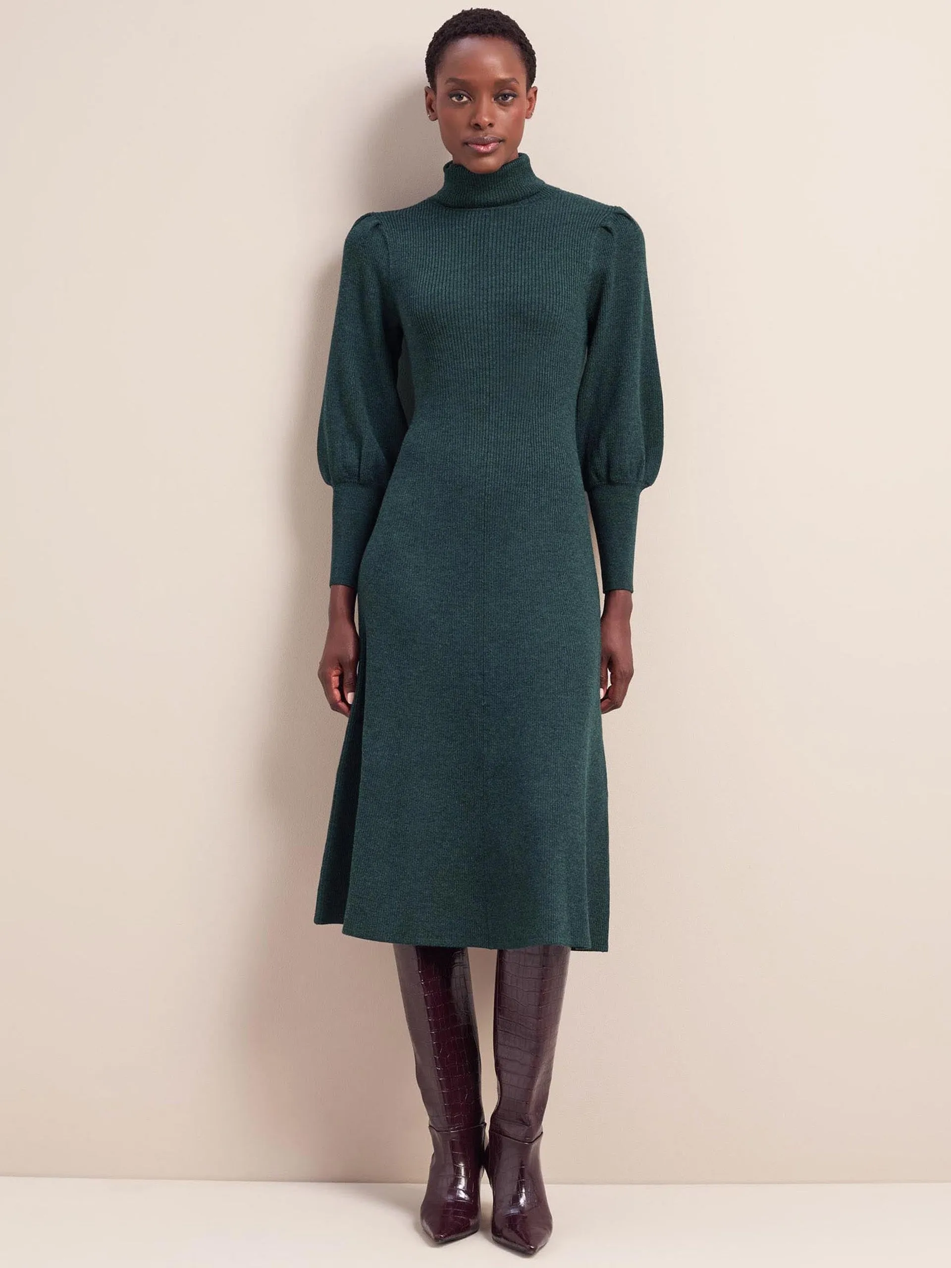 Dark green Eva merino wool roll neck dress