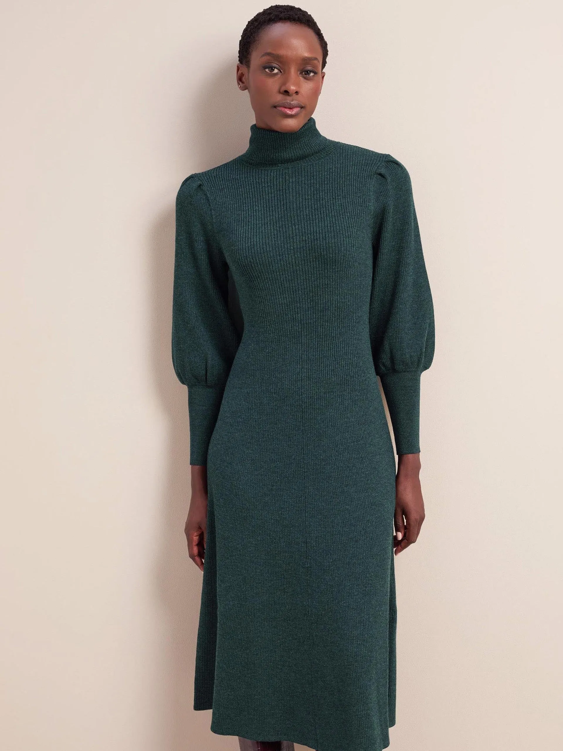 Dark green Eva merino wool roll neck dress