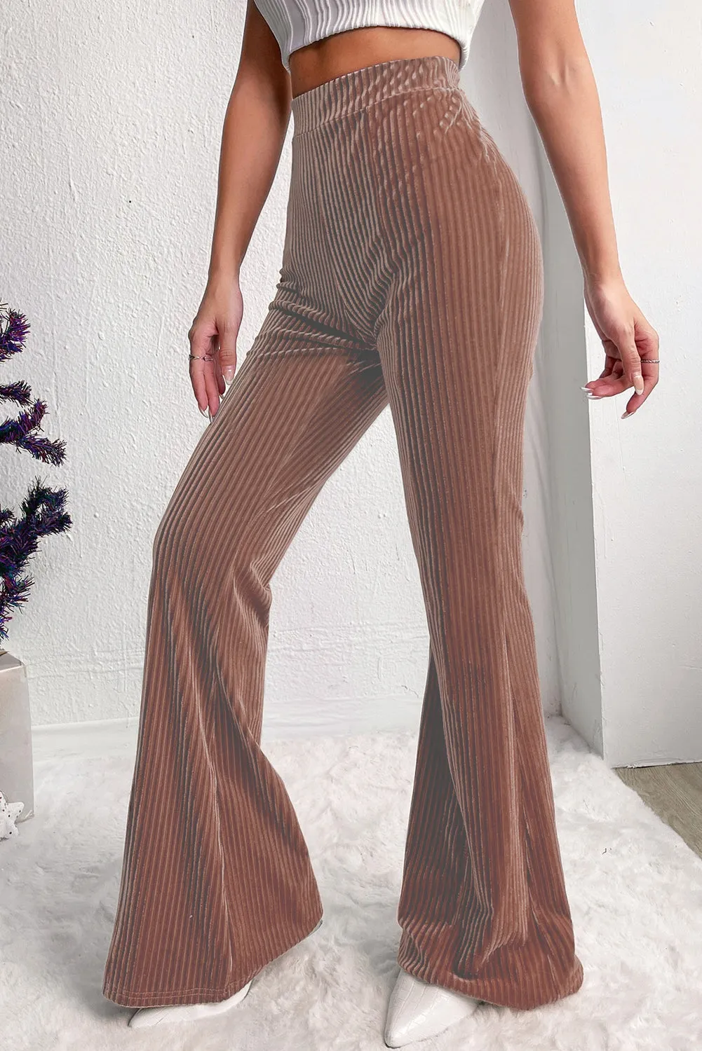 Dusty Pink Solid Colour High Waist Flare Corduroy Pants