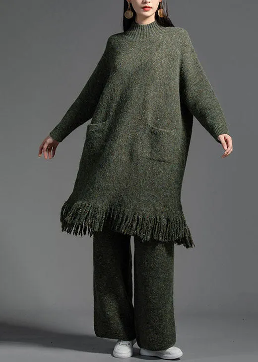 Elegant Green Tasseled Patchwork Wool Knitting Dress Winter LY0005