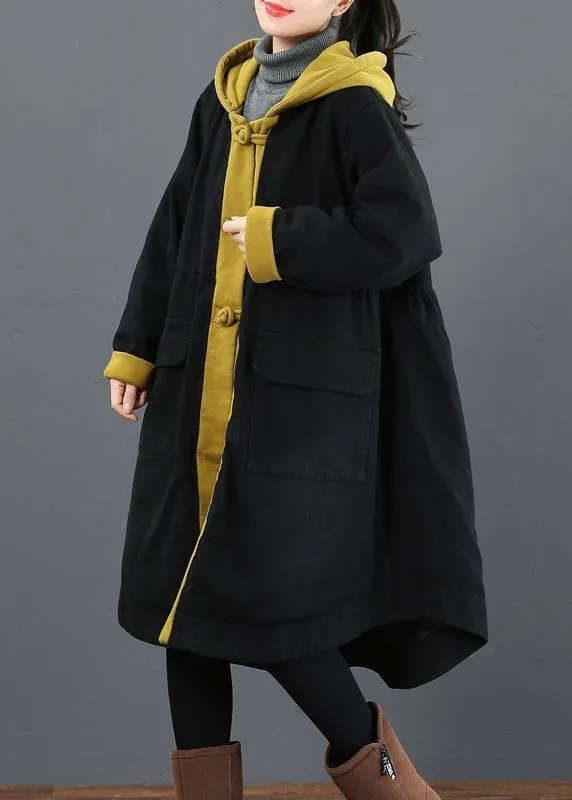 Elegant hooded large hem Fashion crane coats yellow silhouette outwear