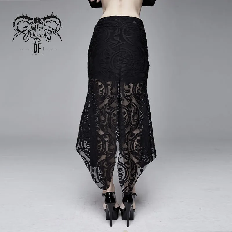 Elegant Women's Black Skirt with Patterns Transparent Ruffles / Gothic Velvet Embossed Skirt