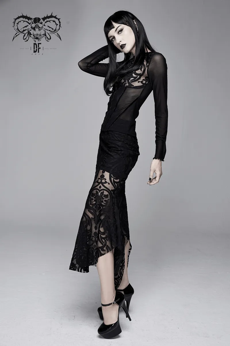 Elegant Women's Black Skirt with Patterns Transparent Ruffles / Gothic Velvet Embossed Skirt