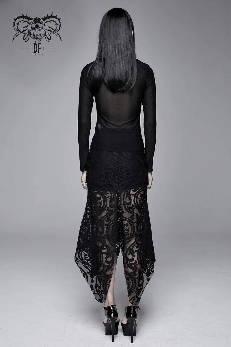 Elegant Women's Black Skirt with Patterns Transparent Ruffles / Gothic Velvet Embossed Skirt