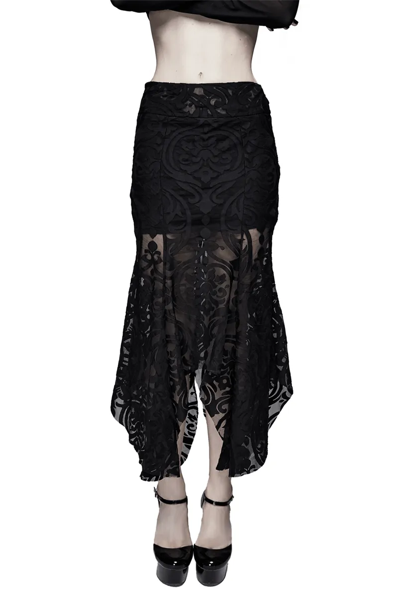 Elegant Women's Black Skirt with Patterns Transparent Ruffles / Gothic Velvet Embossed Skirt