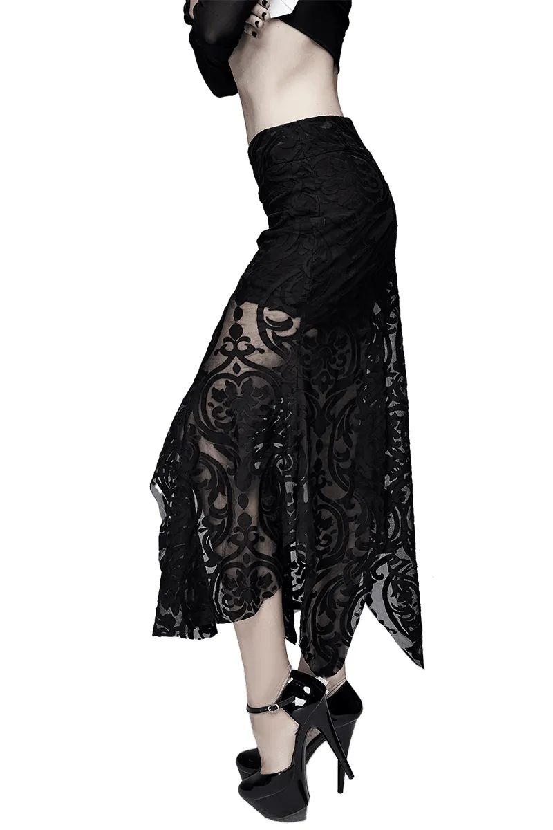 Elegant Women's Black Skirt with Patterns Transparent Ruffles / Gothic Velvet Embossed Skirt