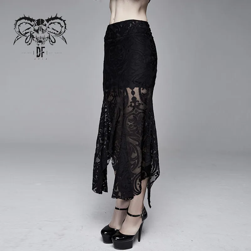 Elegant Women's Black Skirt with Patterns Transparent Ruffles / Gothic Velvet Embossed Skirt