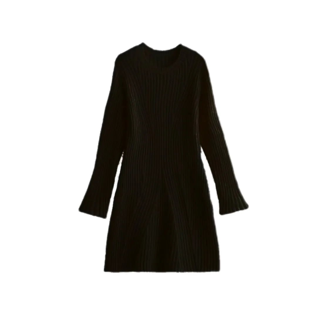 Fashion Slim Solid Ribbed Round Neck Knitted Dress