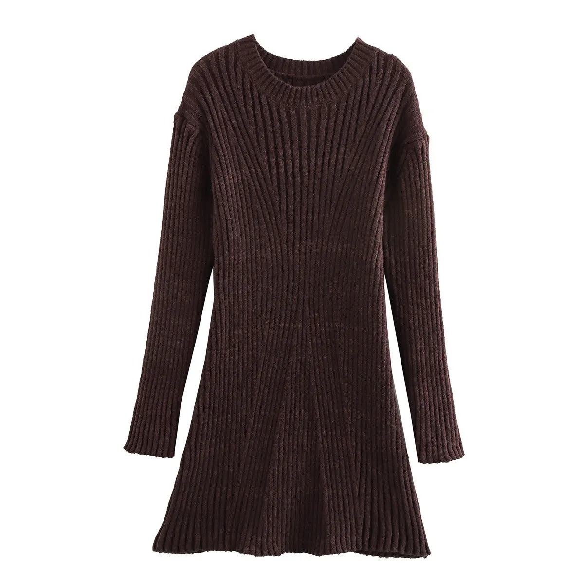 Fashion Slim Solid Ribbed Round Neck Knitted Dress