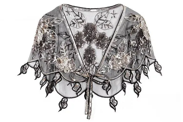 Flapper Shawl, 1920s Gatsby Vintage Retro Shawl Beaded Sequins Short Tops Party Evening Scarf Bridal Wraps Bolero Flapper Cape Cover Up