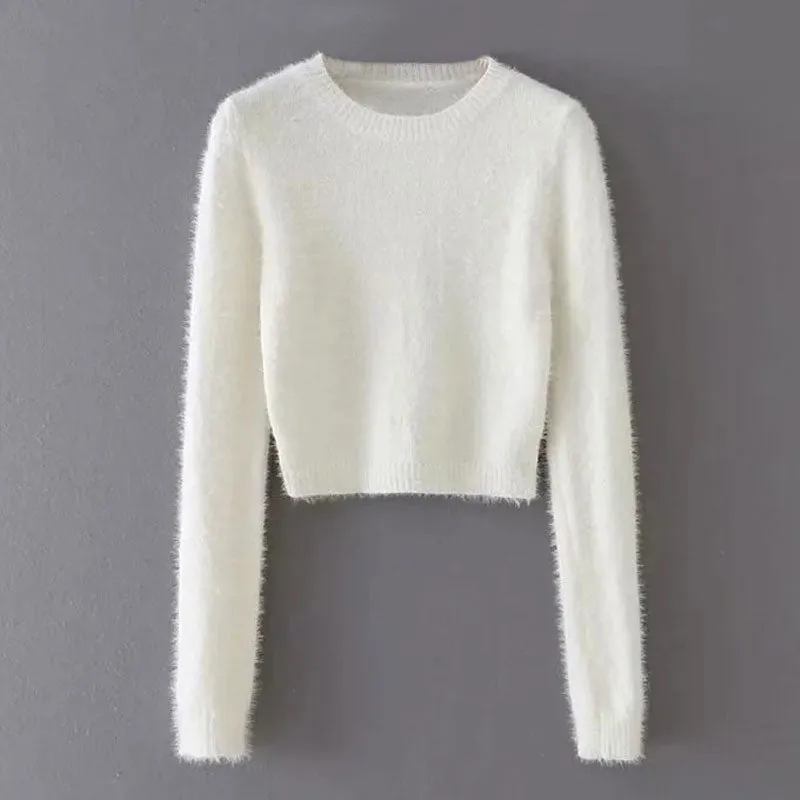 Fluffy White Mohair Eyelash Knit Crew Neck Fitted Cropped Sweater