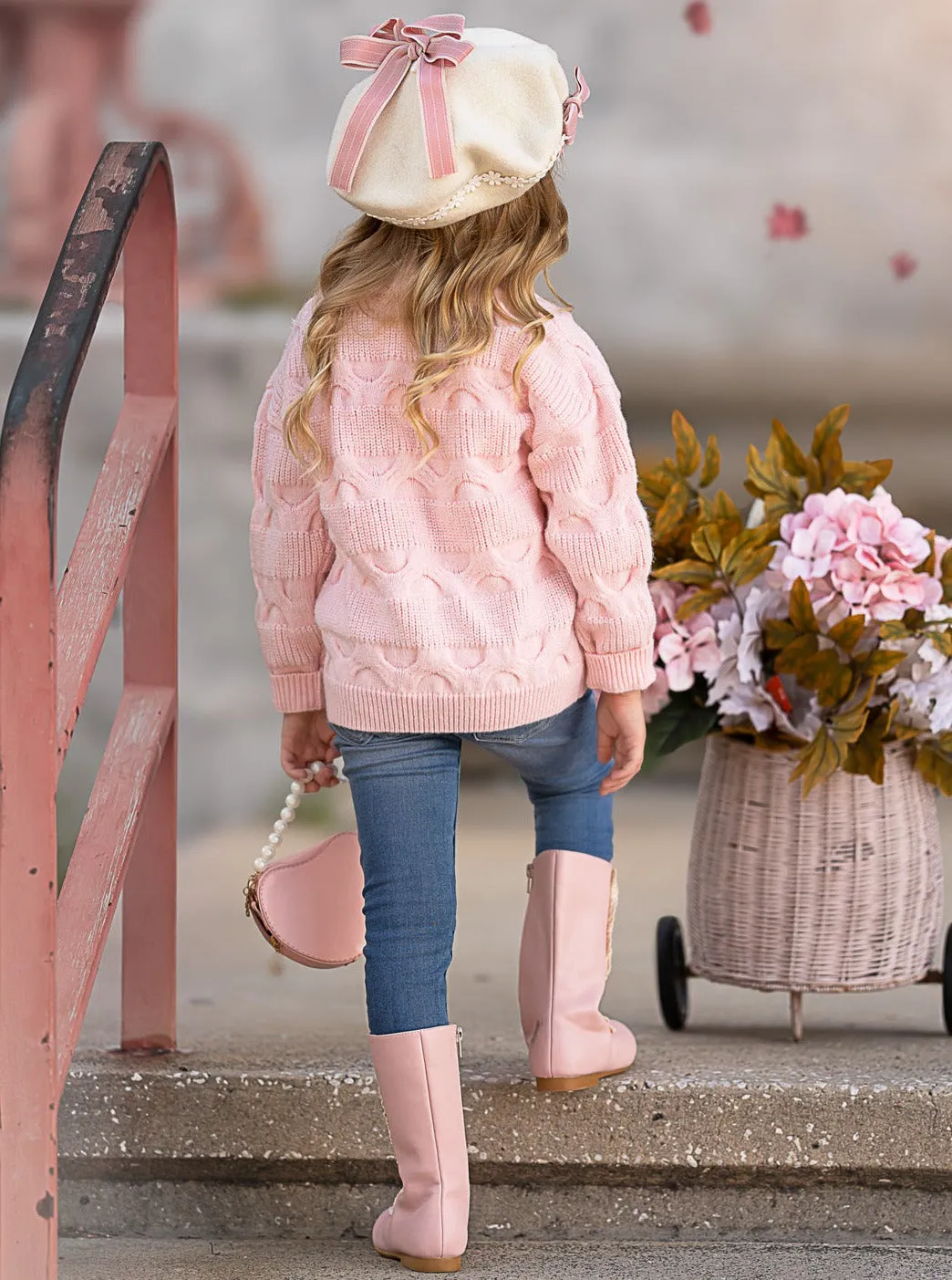 Girls Floral Button-Up Cardigan with Adorable 3D Flower Details and Heart-Shaped Buttons