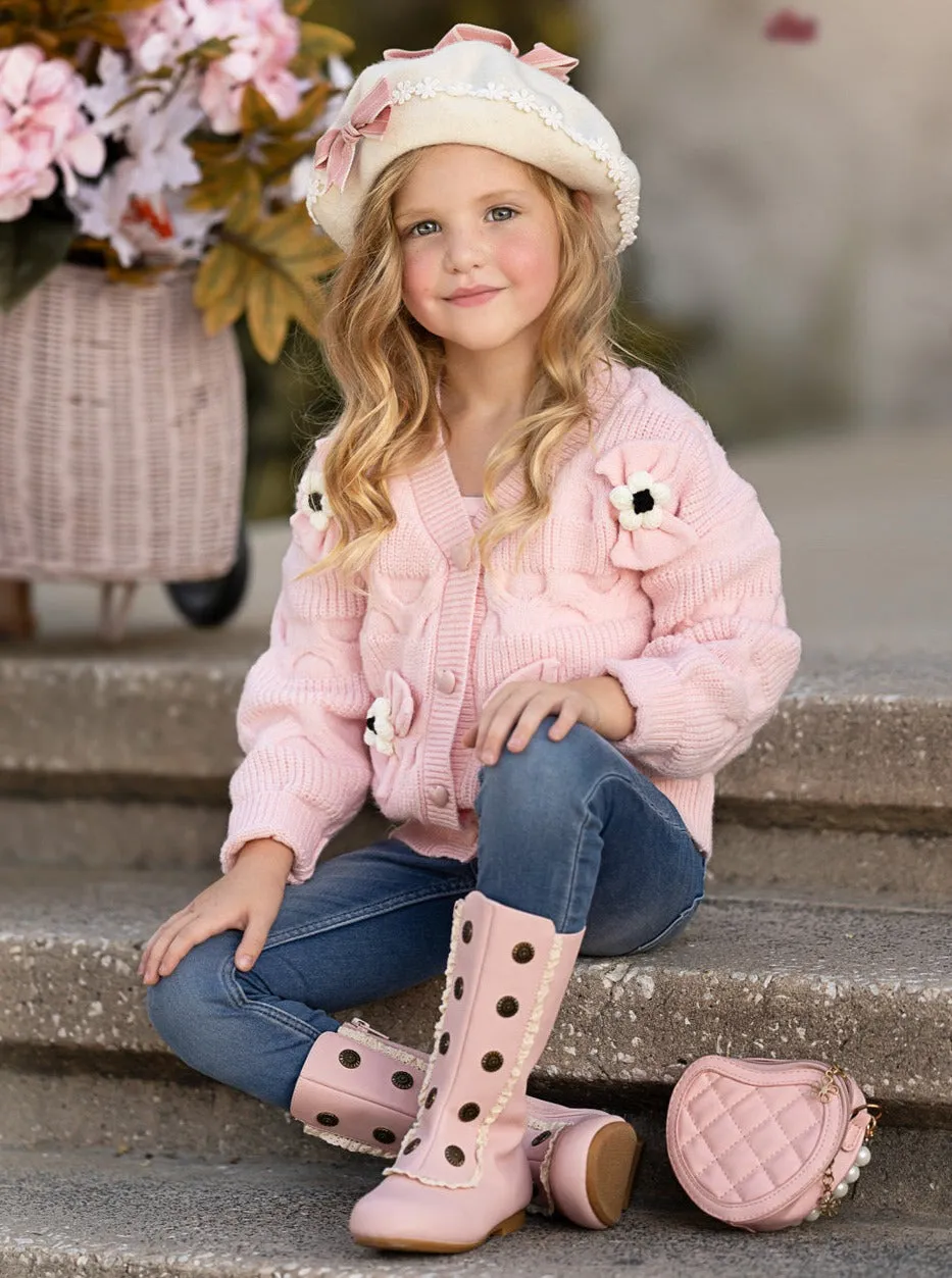 Girls Floral Button-Up Cardigan with Adorable 3D Flower Details and Heart-Shaped Buttons