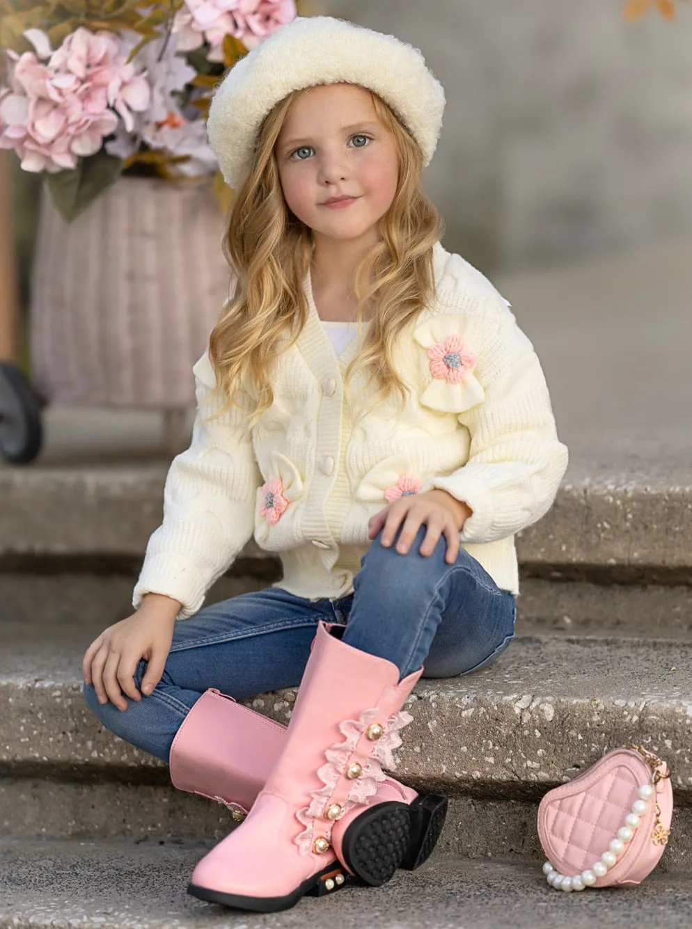 Girls Floral Button-Up Cardigan with Adorable 3D Flower Details and Heart-Shaped Buttons