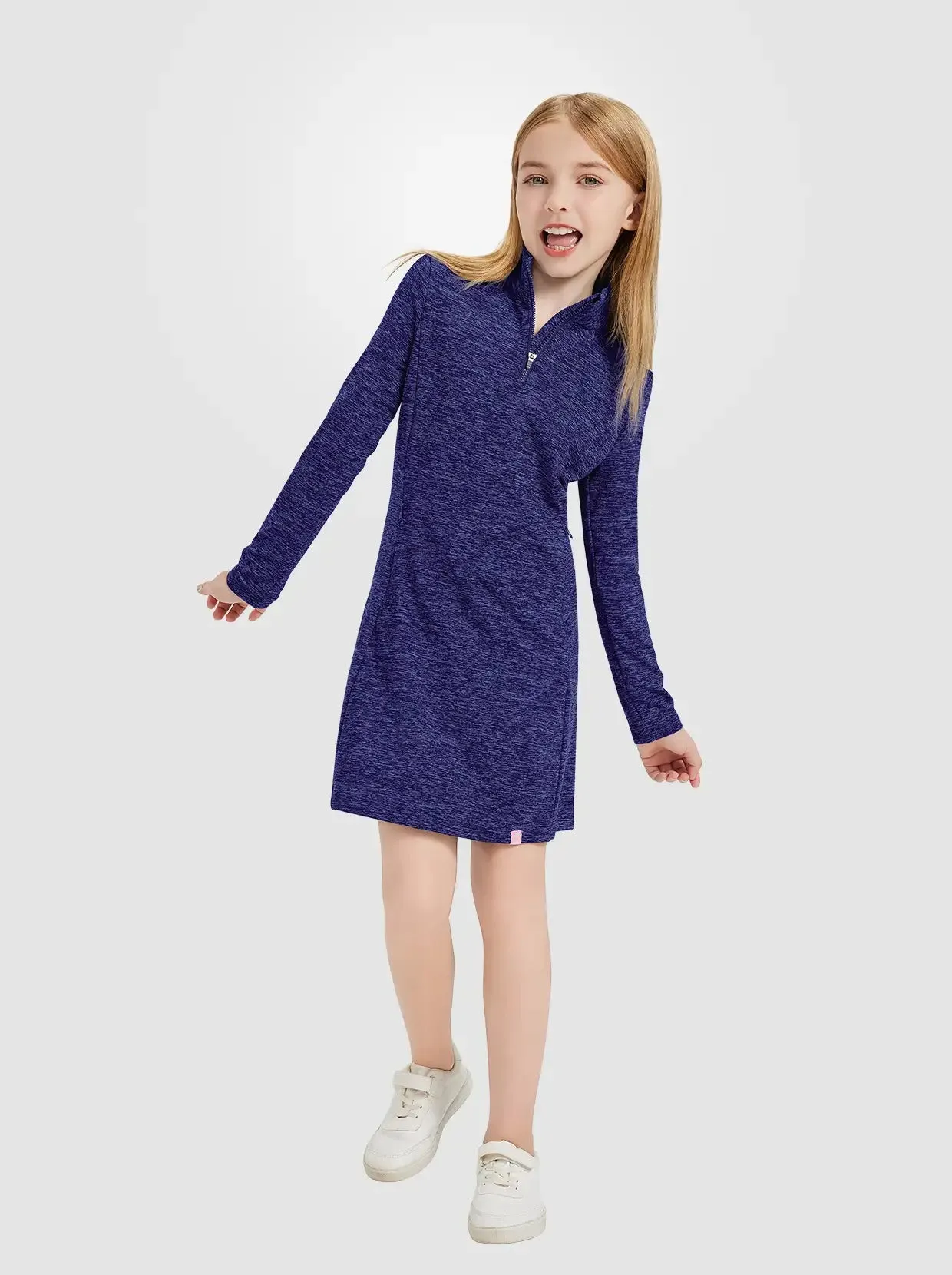 Girls Quartet-zip Long-sleeve Fleece Dress with Pockets