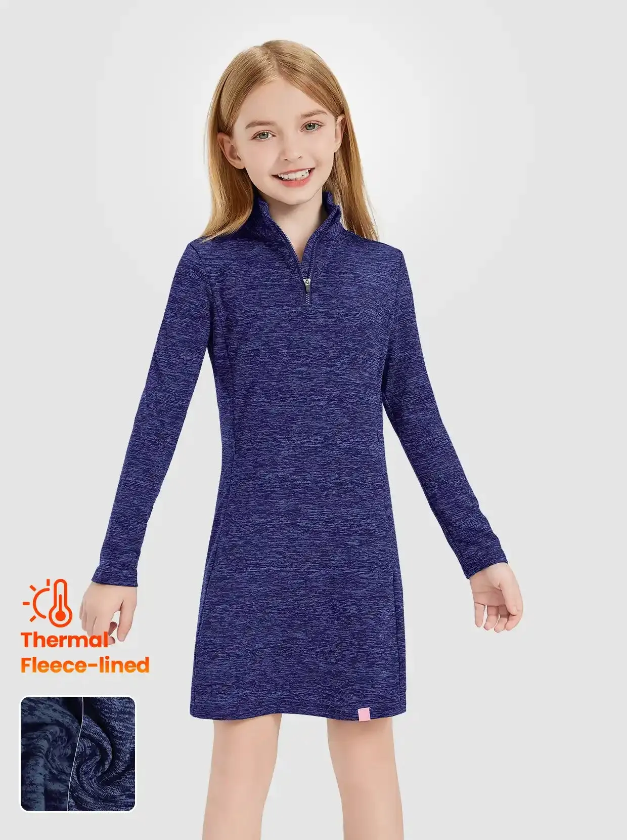 Girls Quartet-zip Long-sleeve Fleece Dress with Pockets