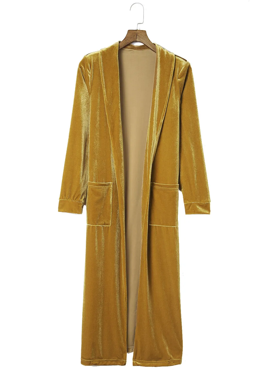 Green Velvet Open Front Pocketed Long Duster