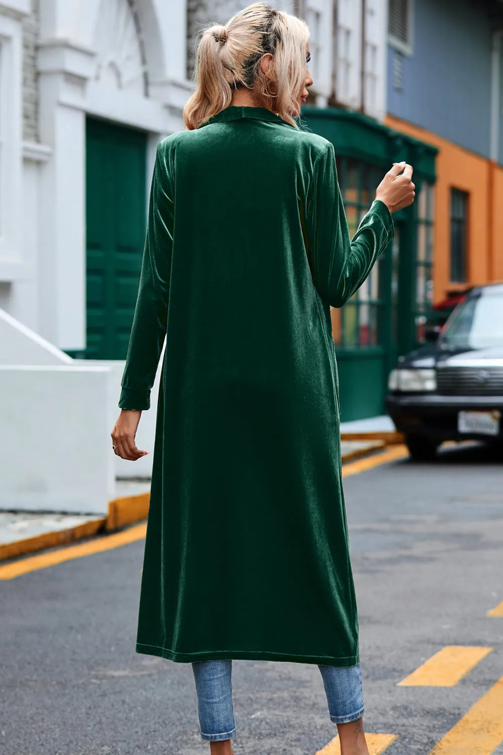 Green Velvet Open Front Pocketed Long Duster