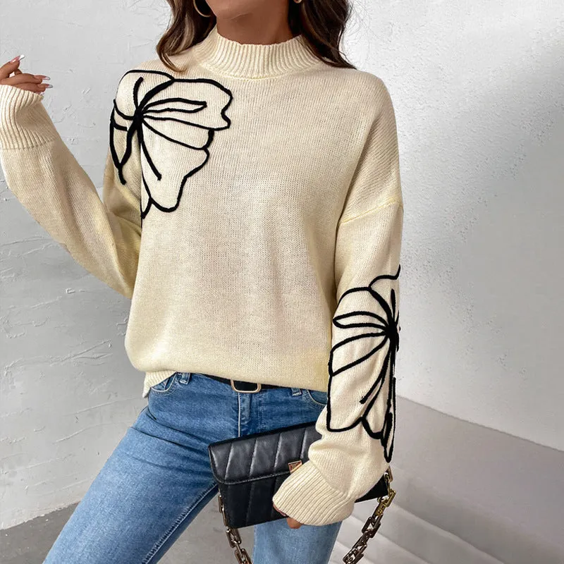 Half Turtleneck Flower Pattern Sweater Women