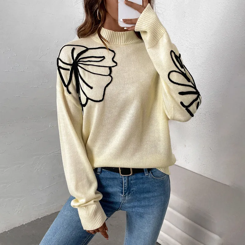 Half Turtleneck Flower Pattern Sweater Women