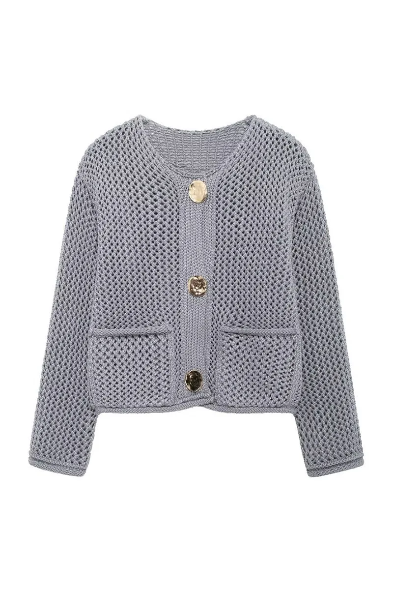 HWT1110 Chunky Knit Cardigan with Statement Buttons