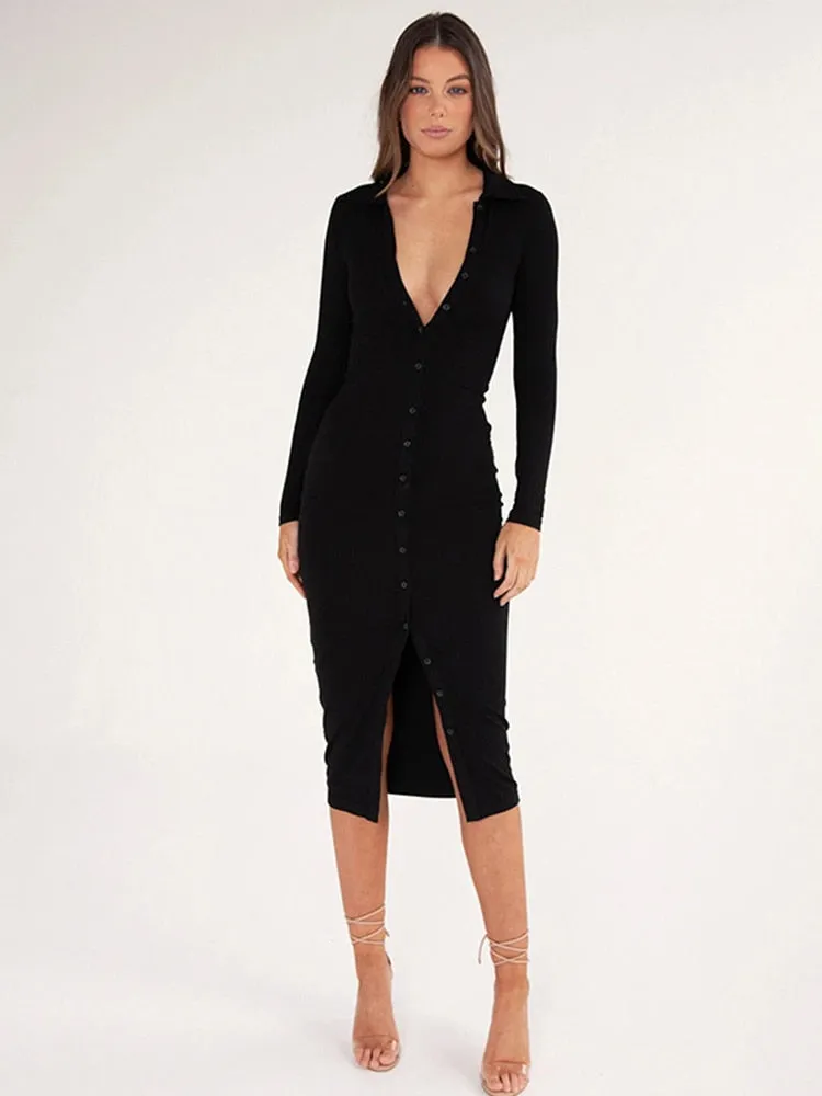 Long Sleeve Button front split Knitted Dress