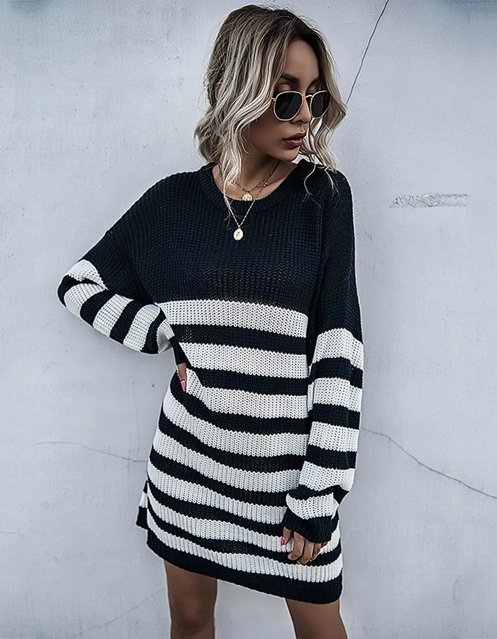 Long Sleeve Strpe PrintedRound Neck Knitted Sweater Dresses