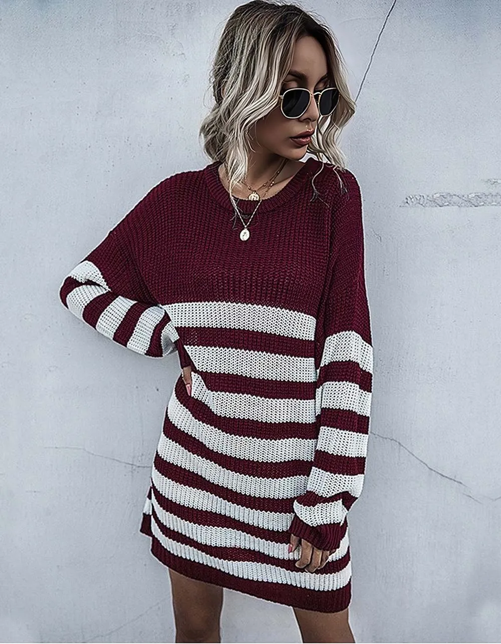 Long Sleeve Strpe PrintedRound Neck Knitted Sweater Dresses