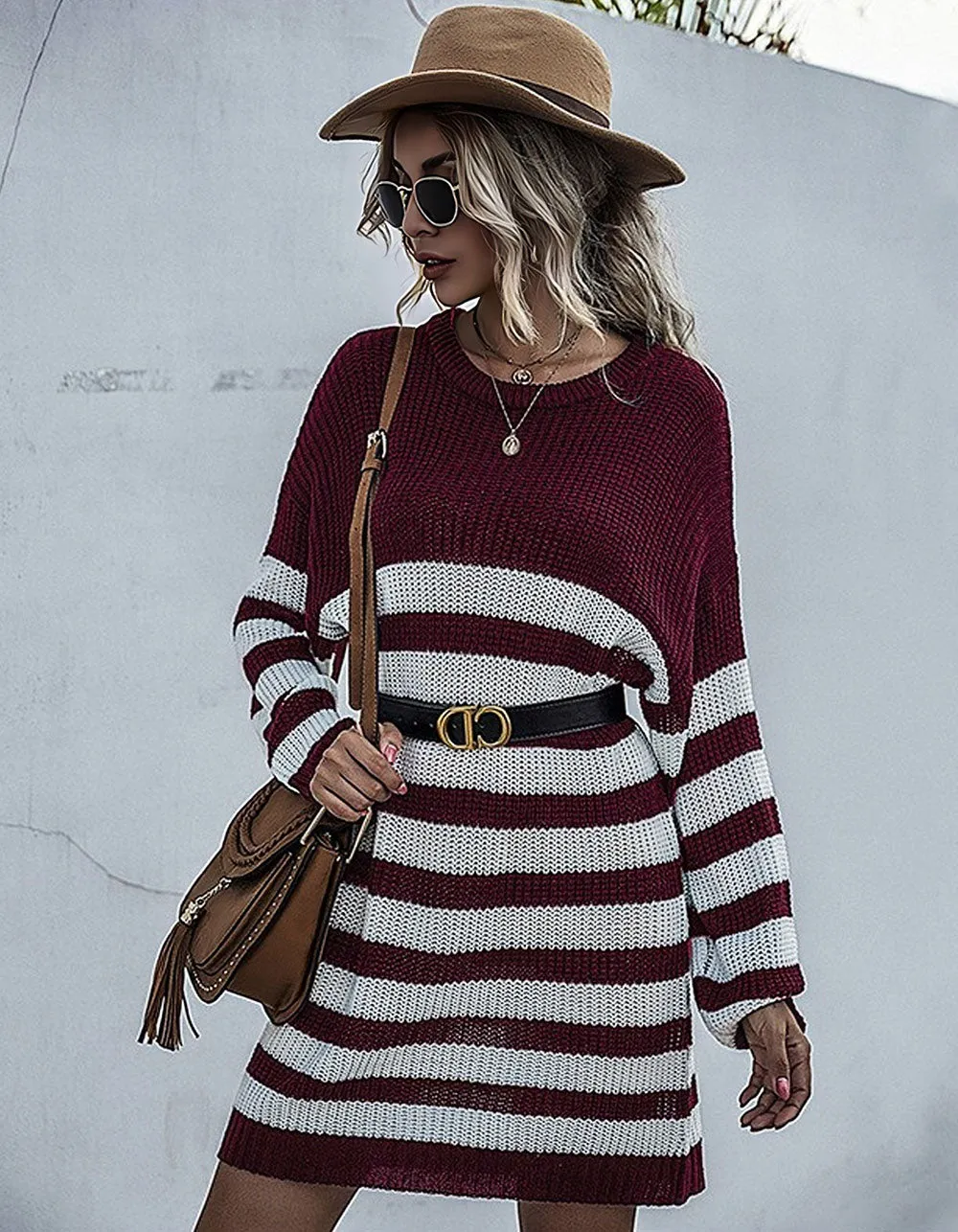 Long Sleeve Strpe PrintedRound Neck Knitted Sweater Dresses