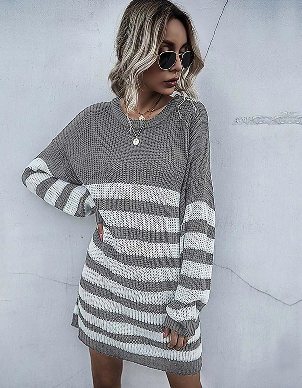 Long Sleeve Strpe PrintedRound Neck Knitted Sweater Dresses